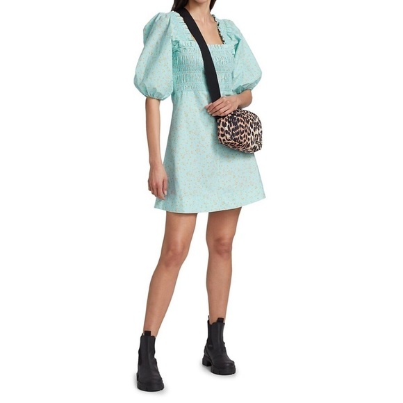 NWT GANNI Smocked Top Regal Puff Sleeve Floral Cotton Mini Dress size 36 / US 4 - Picture 1 of 16